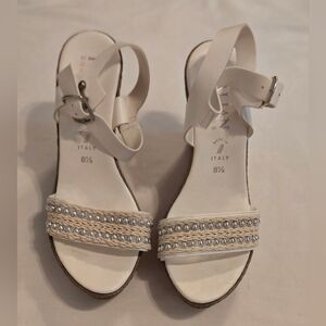 Italian Shoemakers Silver & White Sequin Leather Slingback Slide Wedge 8.5